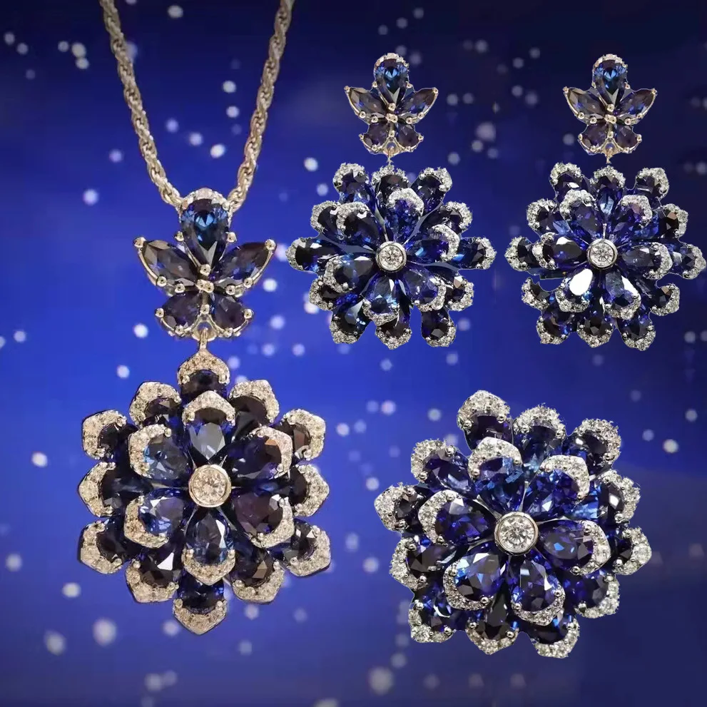 Foydjew New Flower-shaped Jewelry Sets Necklaces Luxury Royal Blue Pendant Earrings Simulated Emerald Color Treasure Rings