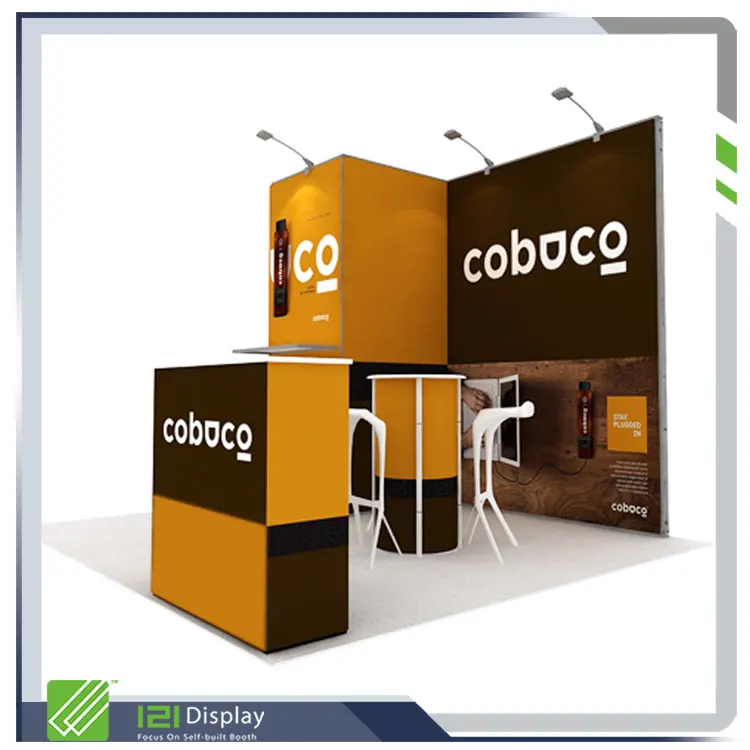 Cabine de suporte modular forte 3X3 com estrutura de alumínio de 5 cm de espessura com suporte para TV e sala de armazenamento