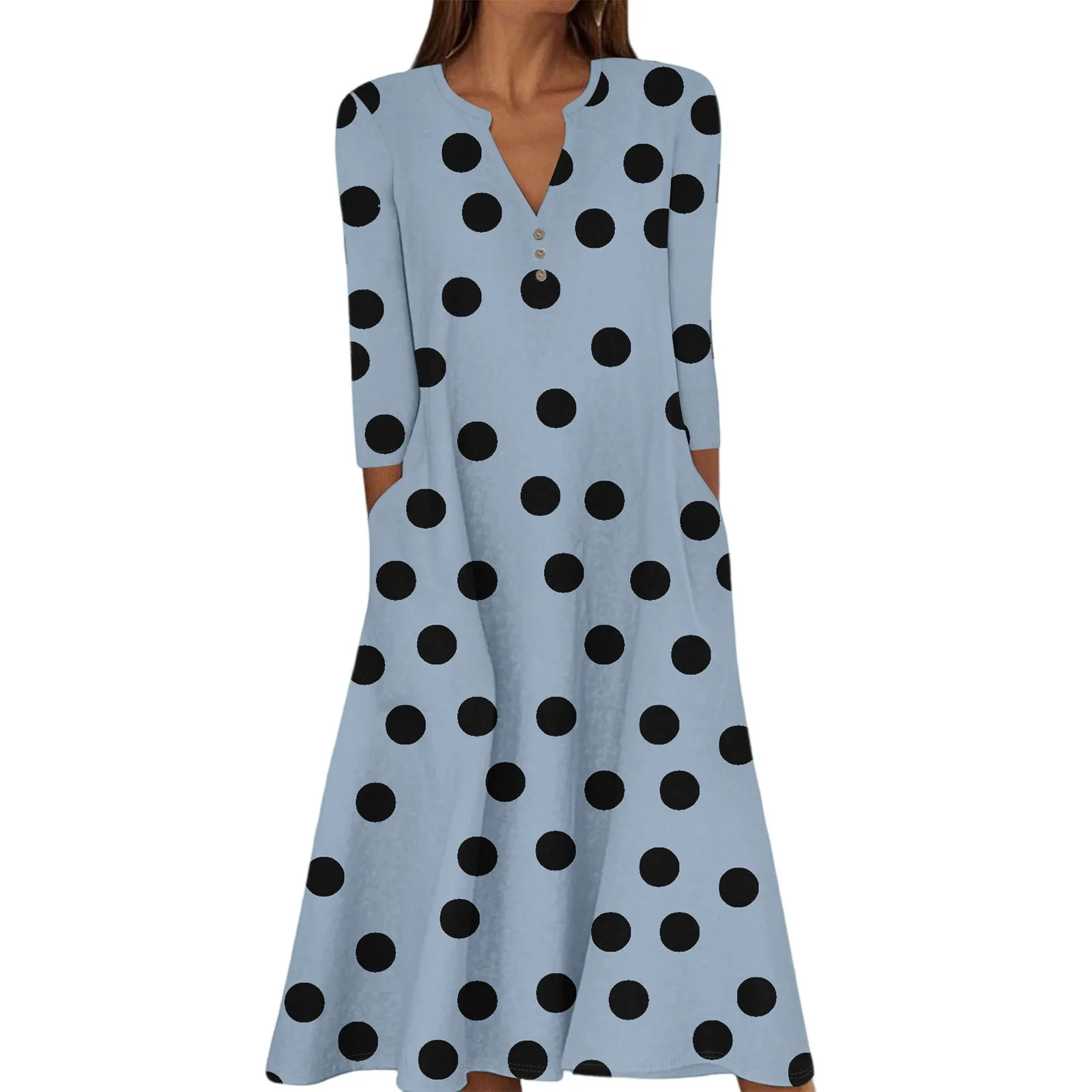 女性の夏のカジュアル V ネックボタンレトロ水玉プリント七分袖ロングドレスポケット付きエレガントな女性のドレス