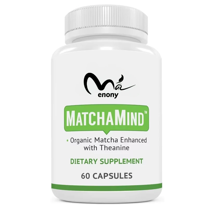 Matcha 60 cápsulas contienen 25mg de pastillas de Teanina natural y cafeína, suplemento Matcha-Soporte cognitivo transparente vegano