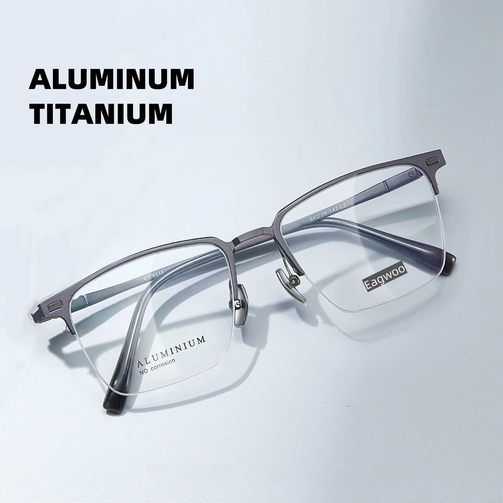 Magnesium Aluminum Titanium Eyeglasses Half Rim Eyebrow Designed Optical Frame Prescription Spectacle Big Nose 19mm Bridge