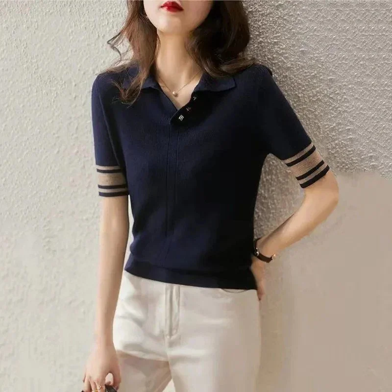 Knit Women\'s T Shirts Striped Button Polo Neck Shirt Top Short Sleeve Tee Clothes with Collar Synthetic New Polyester V Trend