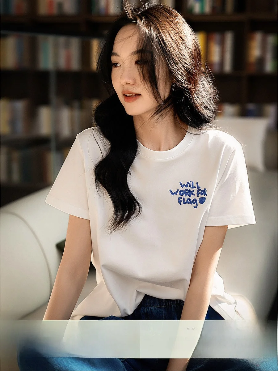 

Женский топ из качественного хлопка с вышивкой в виде буквы T, круглым вырезом и короткими рукавами, модный повседневный стиль, летняя одежда