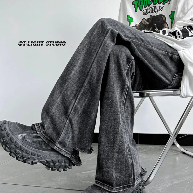 

Vibe Style Men's Slim Fit Jeans Black Grey Hole Punching Street Fashion Boyfriend Jeans Youthful Trendy Long Pants