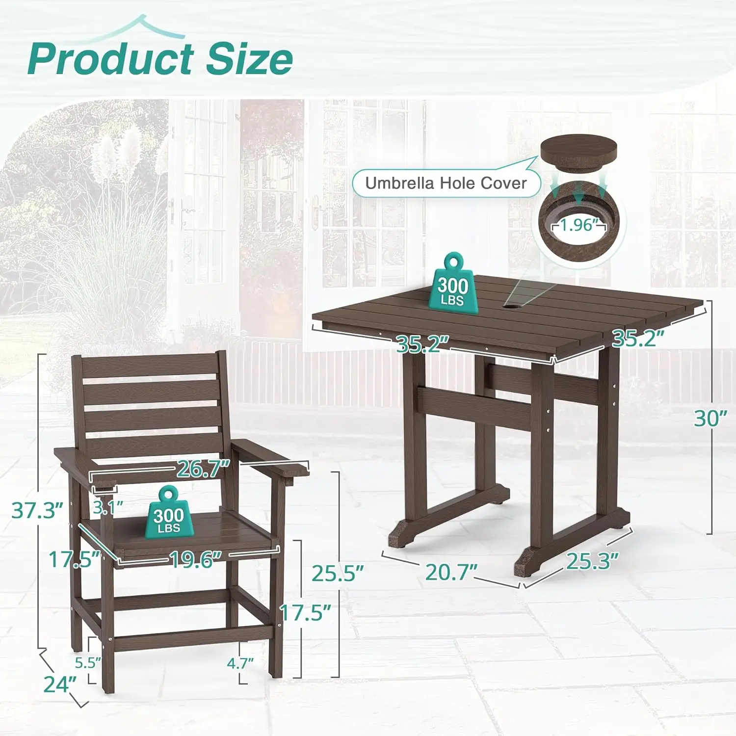 Terrace table and chairs 5-piece set, outdoor dining table set with umbrella hole, dining table with 4 chairs