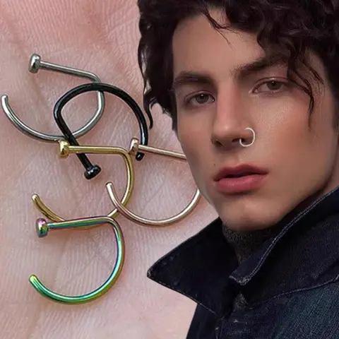 여성을위한 4pcs 316L 스테인레스 스틸 가짜 피어싱 코 링 코 피어싱 쥬얼리에 남성 D 자형 Septum 코 링 클립