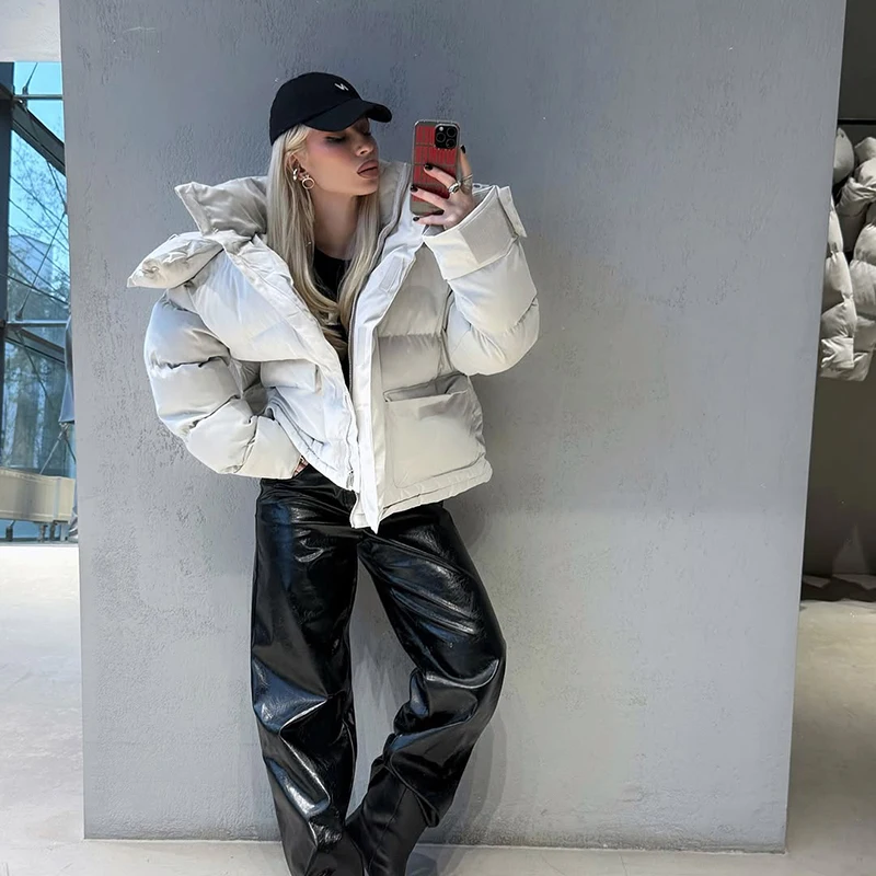 Kapuzenjacke mit Großen Taschen, Übergroße Gefütterte Jacken für Damen, Street-Style, Stehkragen, Lange Ärmel, Reißverschluss, Einfarbig, Lose Pufferjacken, Neue Oberbekleidung – Detail 21