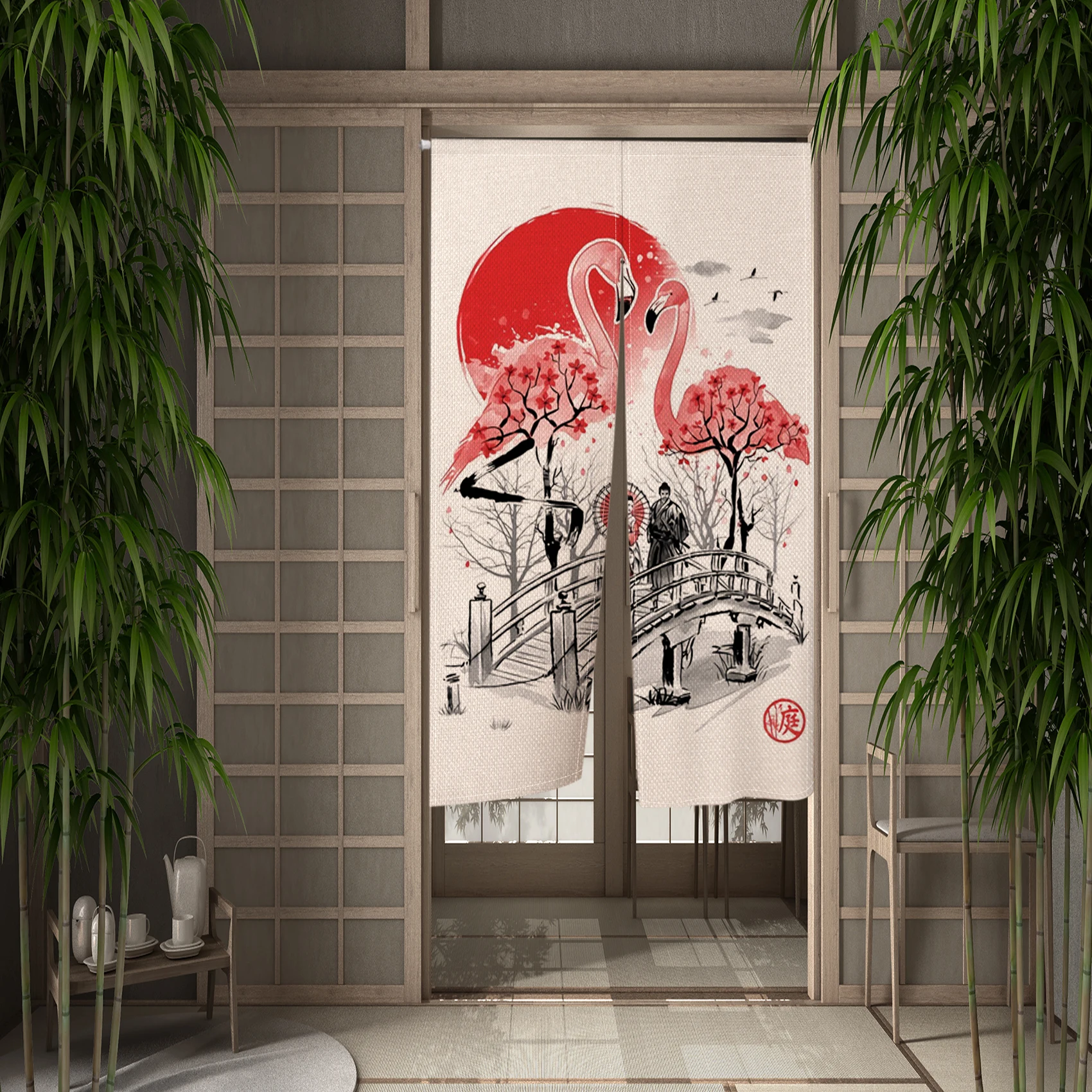 Japanese Crane Bird Door Curtain Hokkaido Ukiyo-e Sun Mount Fuji Cherry Blossom Wave Bathroom Doorway Hanging Split Half-Curtain