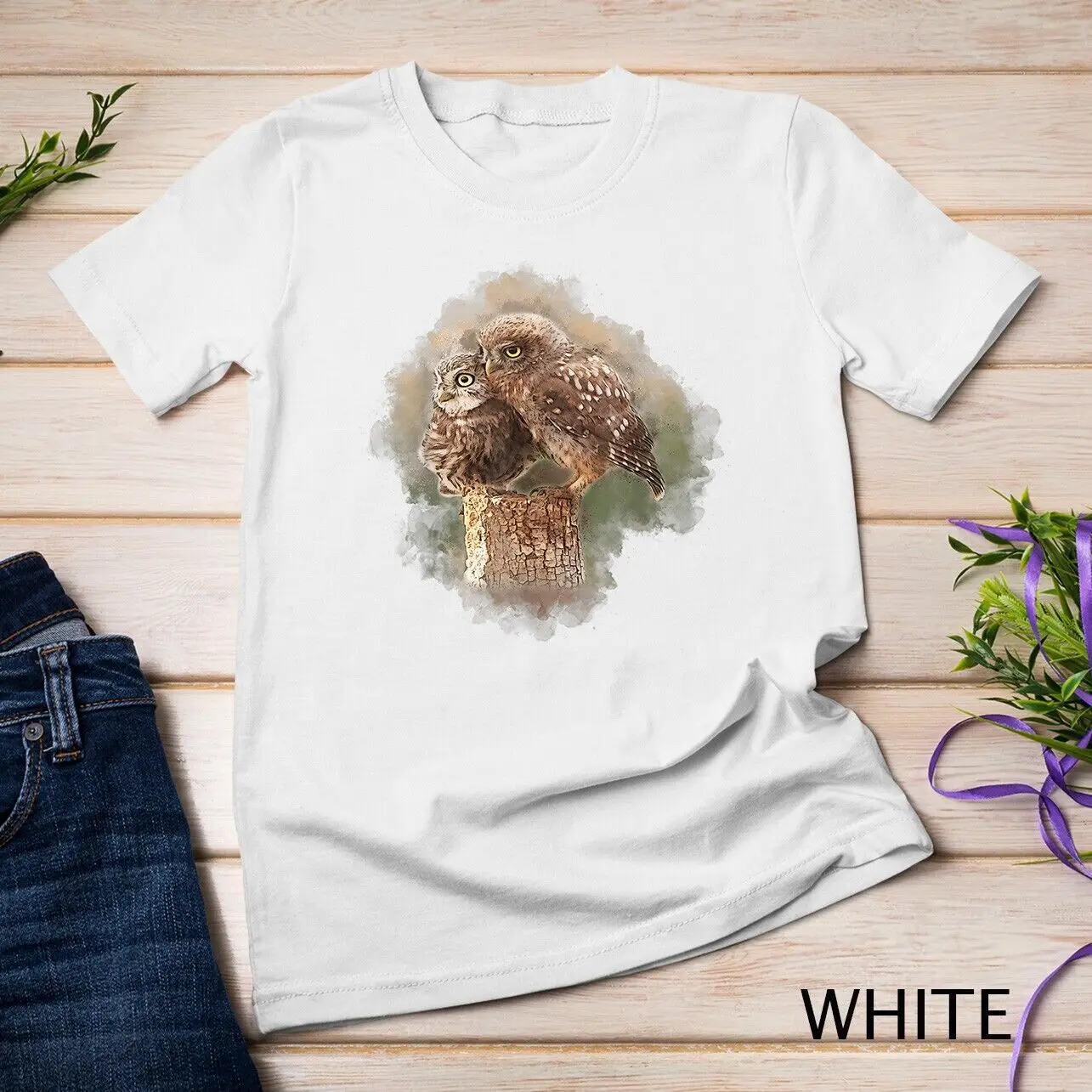 Cute Great Horned Two Owls Artistic For Women Men Kids Unisex T-shirt