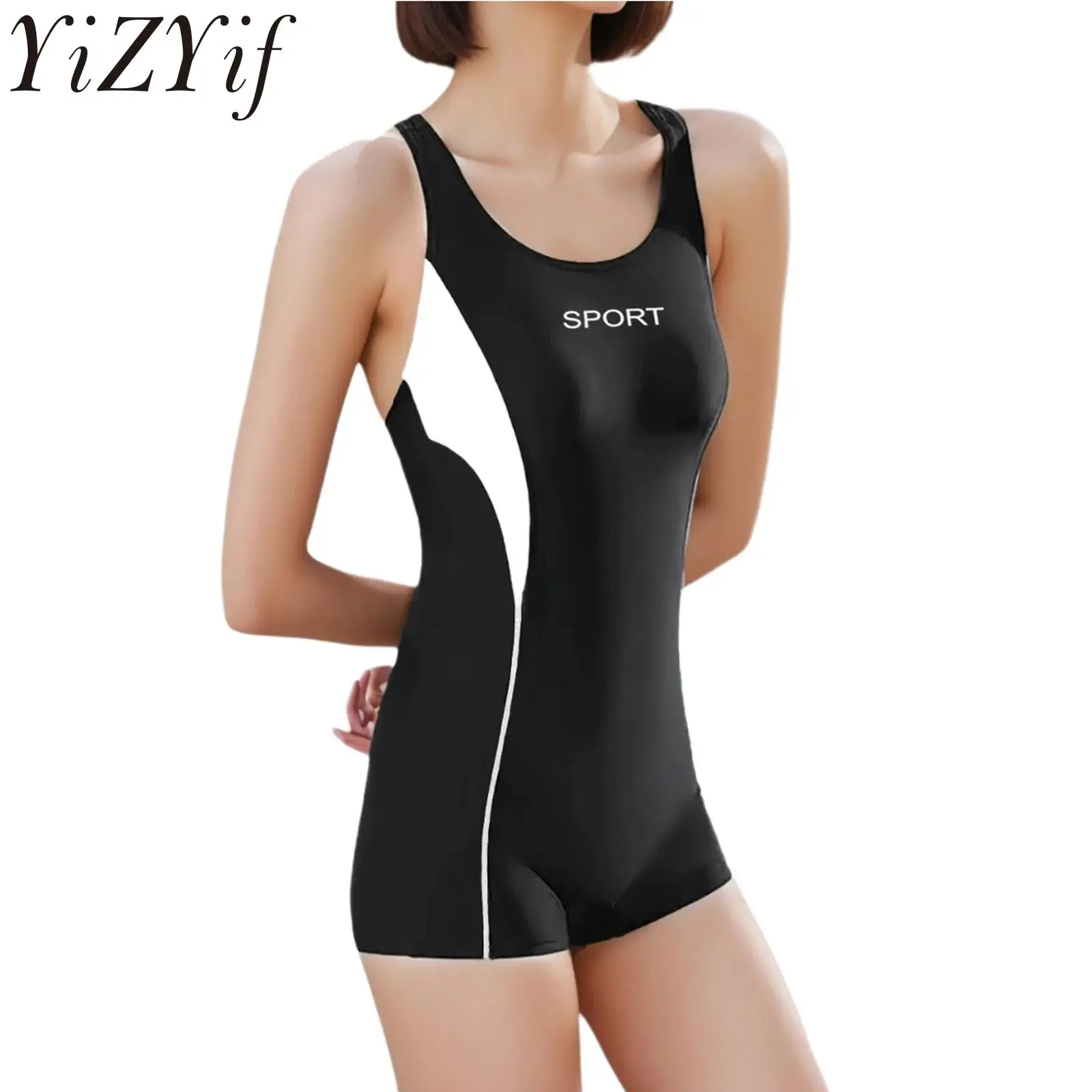 

Women Contrast Color One-Piece Swimsuit Sleeveless U Neck Backless Bodysuit Swimwear with Removable Chest Pads Bathing Suit