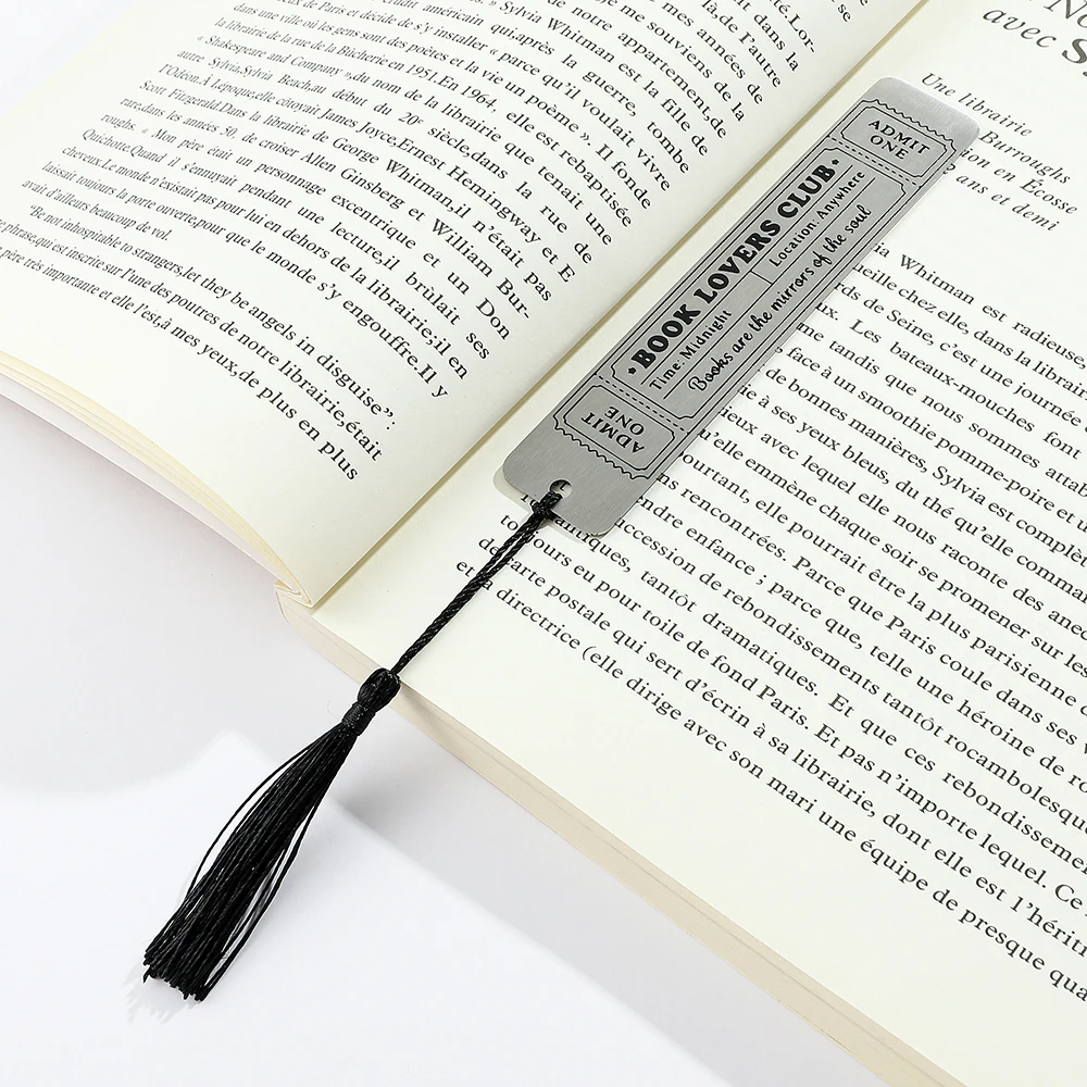 스테인리스 스틸 '책 애호가 클럽' 북마크 블랙 태슬 포함 - 티켓 스타일 디자인, 책 애호가 및 선물용