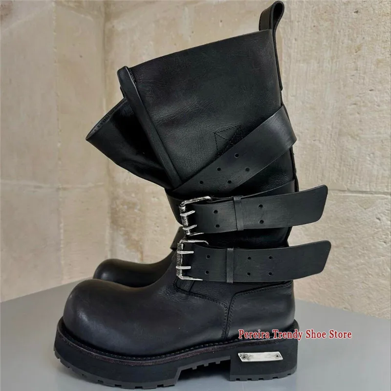 Men's Retro Belt Buckle Motorcycle Boots Autumn Winter Trendy Round Toe Thick Soled Long Boots Punk Height Increase Couple Shoes