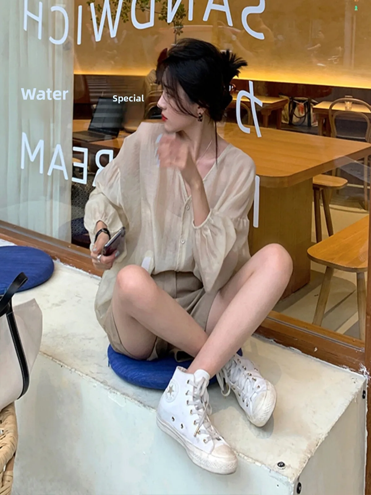 قميص نسائي فضفاض بأكمام طويلة على الطراز الصيني الجديد، رقبة على شكل حرف v، أكمام واسعة، حماية من الشمس، نمط عصري للتنقل #3