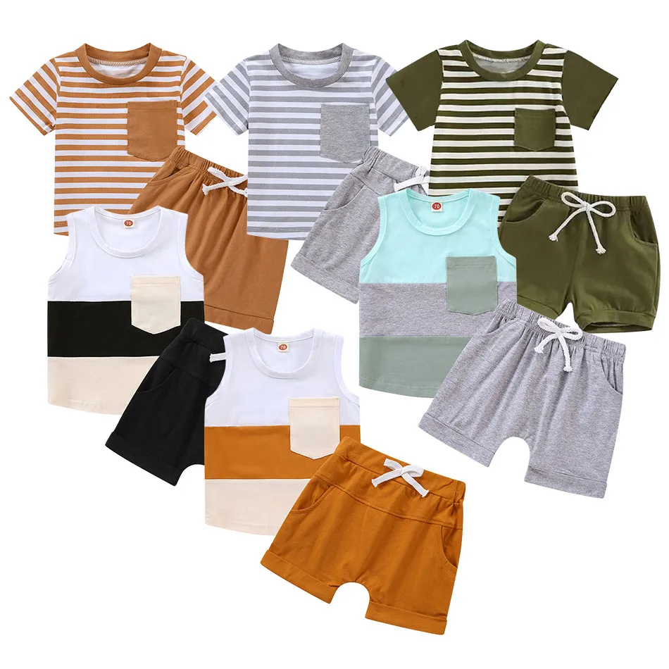 Boys Cotton Round Neck Striped Vest+Solid Color Shorts Two-Piece Set Children Sets Children Fashion Casual Tank Set