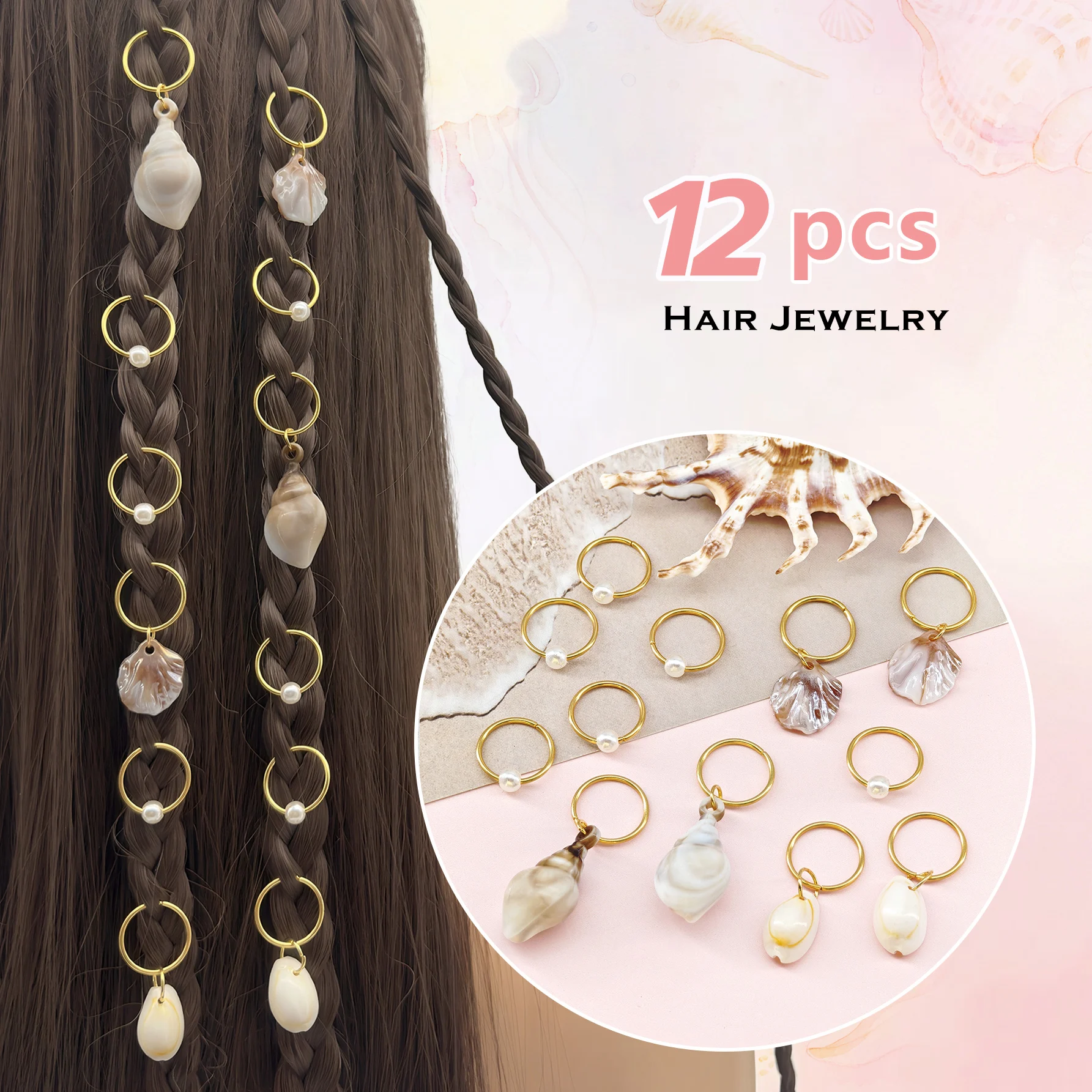 12pcs Hair Rings with Summer Glow White Conch & Shell– Coastal Gradient Adjustable Hair Cuffs,Cuffs for Men & Women's Braids
