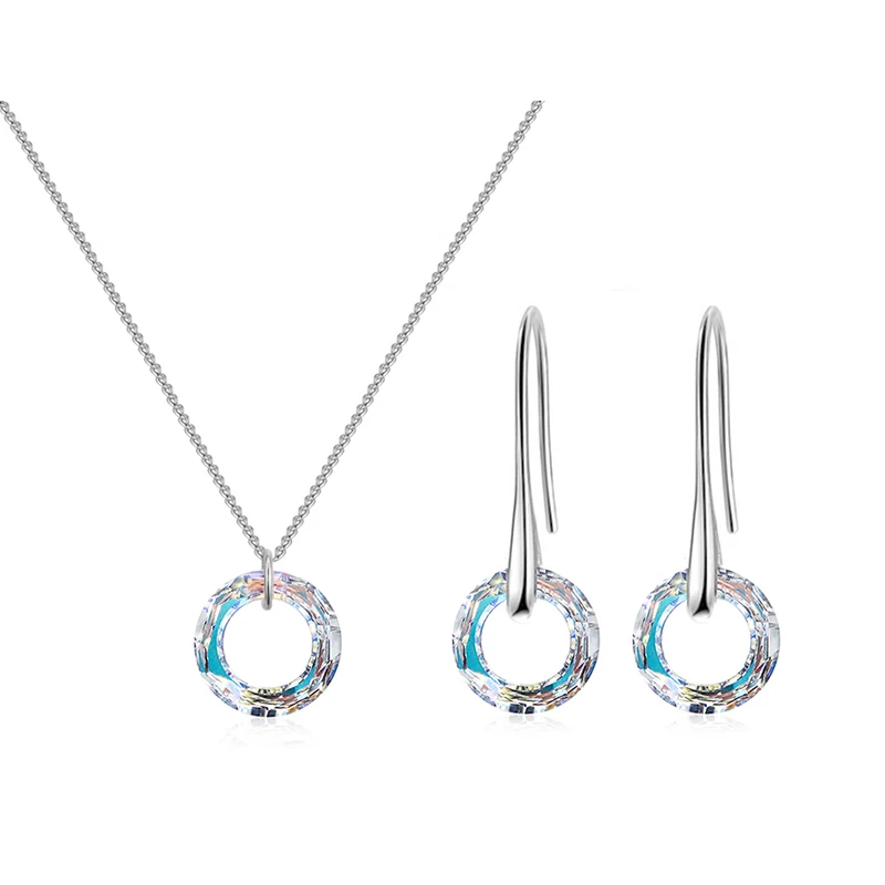 New Fancy Stone Circle Crystal Jewelry Sets Exquisite Fashion Cubic Zirconia Pendant Necklace Piercing Earring For Women Wedding