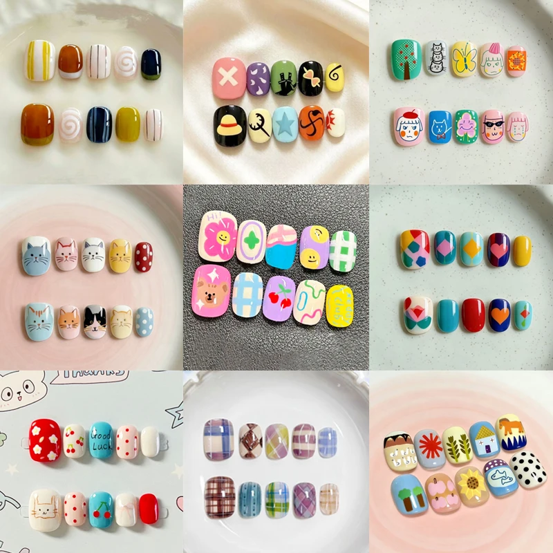 10Pcs Colorful Dopamine-inspired Polka Dot Stripe Cat-eye Designs Small Fresh Press on Nails Detachable Nail Patch Fake Nail Art