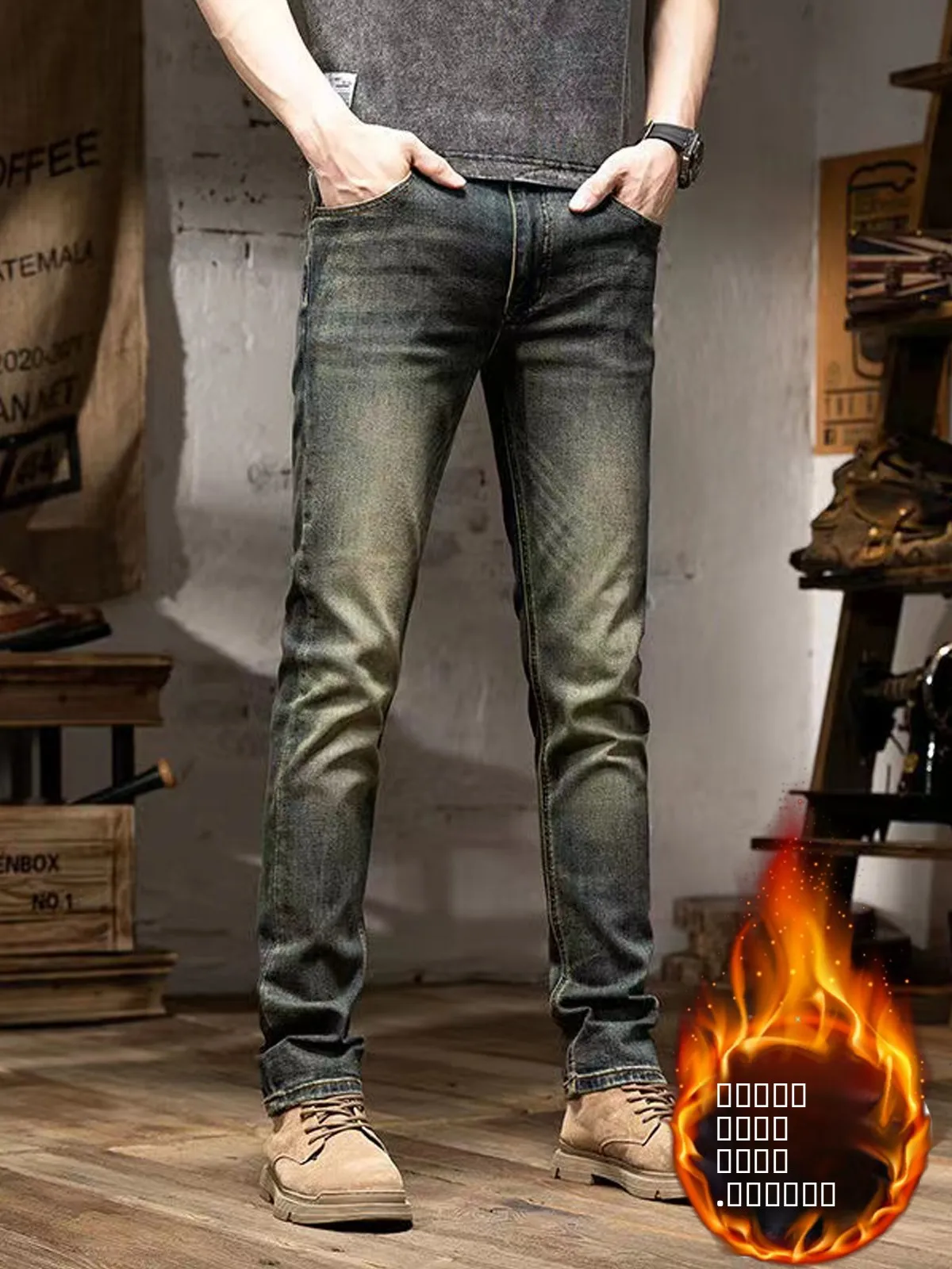 

Winter Fleece Lined Distressed Slim Fit Men's Jeans American Style Vintage Straight Leg Long Trousers Youth mid Low Waist