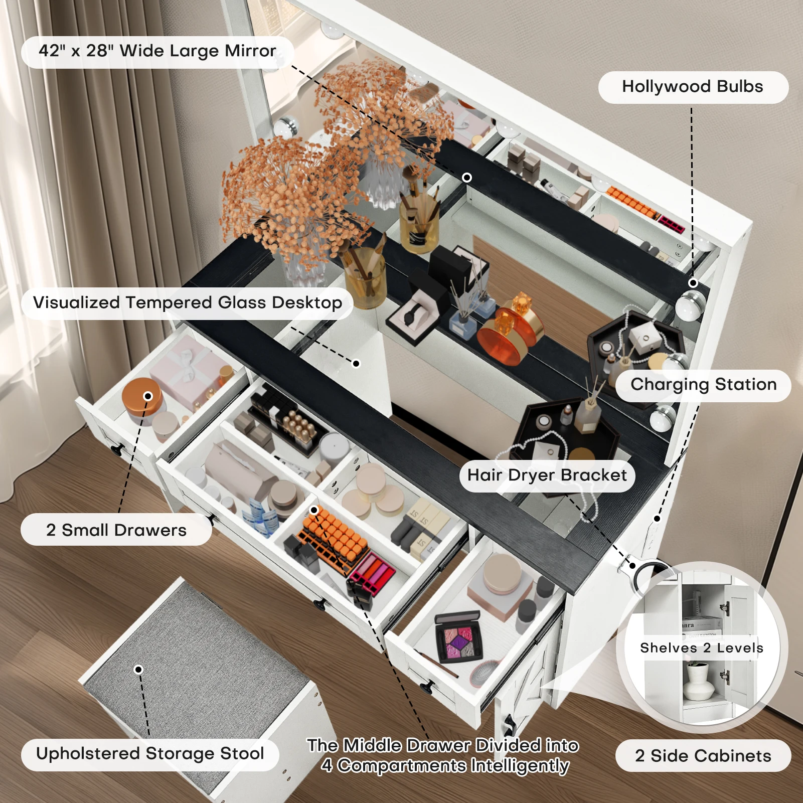 Bureau de courtoisie de ferme avec miroir 4.2, bureau de maquillage de la Confédération avec 3 tiroirs de proximité et 2 armoires, tabouret de table en spanité de 43 po inclus