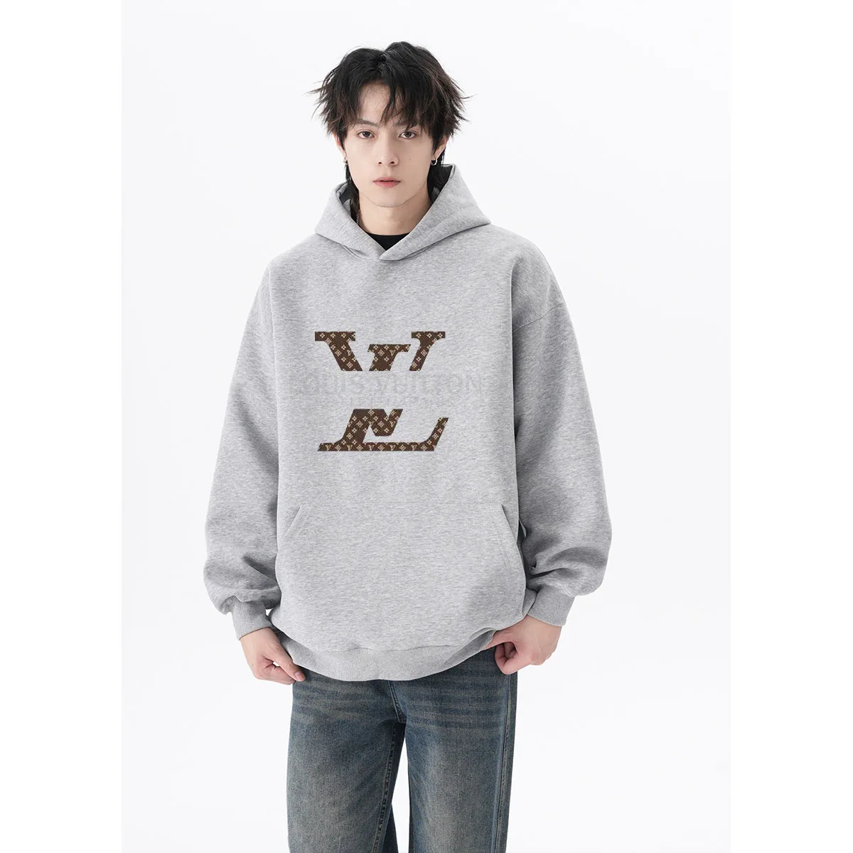 2024 Autumn and Winter Hooded Sweater Men's and Women's Pure Cotton Printing Lv Same Breathable Fleece