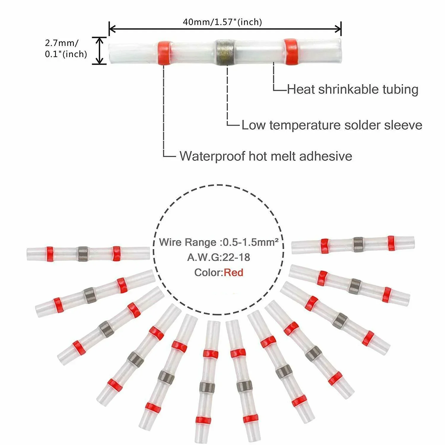 100/500/1000PCS Waterproof Solder Seal Sleeve Splice Terminals Copper Heat Shrink Electrical Wire Butt Connectors AWG22-18 Red