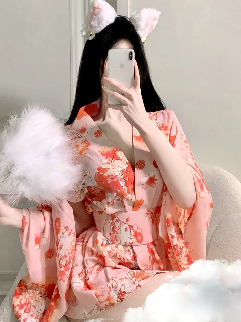 الرغبة النقية لطيف الوردي أرنب مثير معدات الملابس الداخلية موحدة إغراء تأثيري ايمو كيمونو امرأة