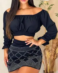 Elegant Two Piece Set for Woman Casual One Shoulder Crop Back Lace Up Long Sleeved Tops Rhinestone Decorative Women's Skirt Sets