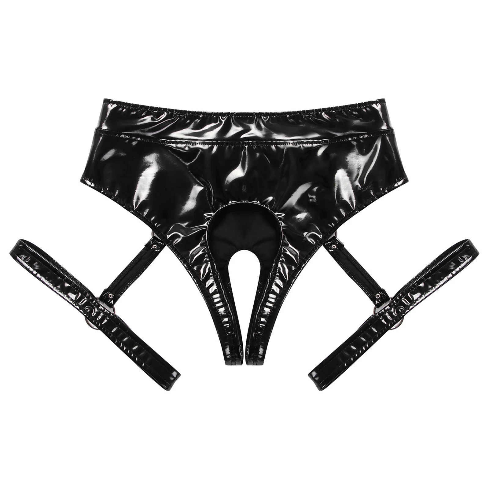 Woman Wetlook Patent Leather Underwear Sexy Lingerie Pole Dance Clubwear Low Rise Crotchless O Ring Leg Garter Latex Underpants