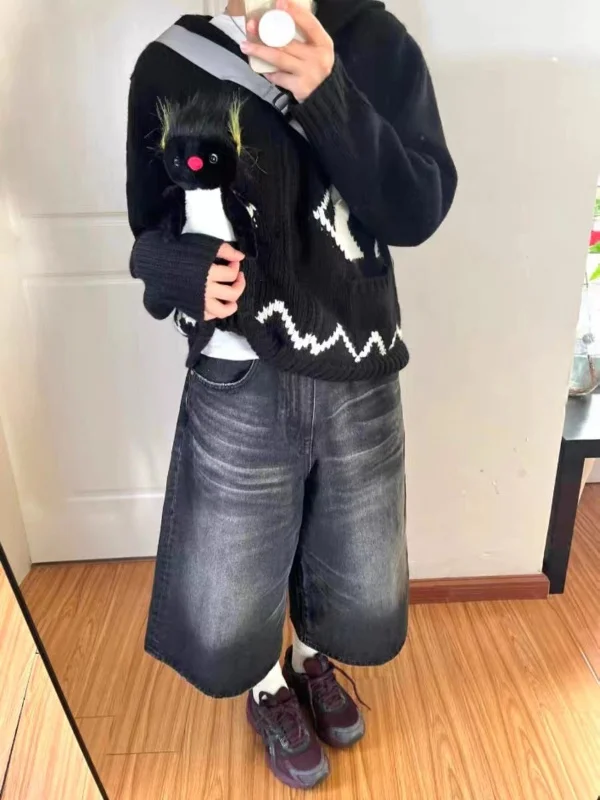 

American Style Vintage Faded Black Denim Seven-Foot Pants Loose Wide-Leg Trousers for Men And Women Summer New Casual Jeans