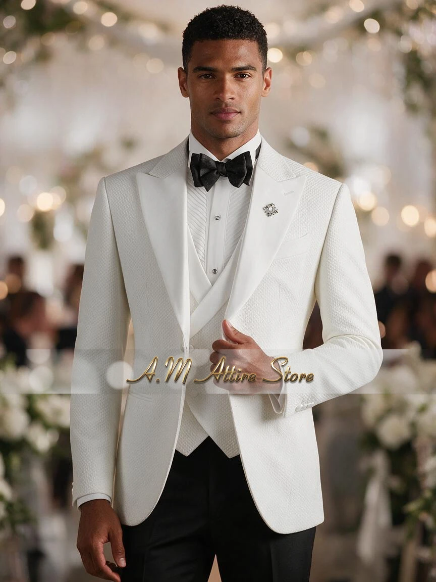 Formal Men's 3-Piece Suit White Waffle-Texture Jacket Vest Black Pants Custom Set for Wedding Groom Cocktail Party Tuxedo