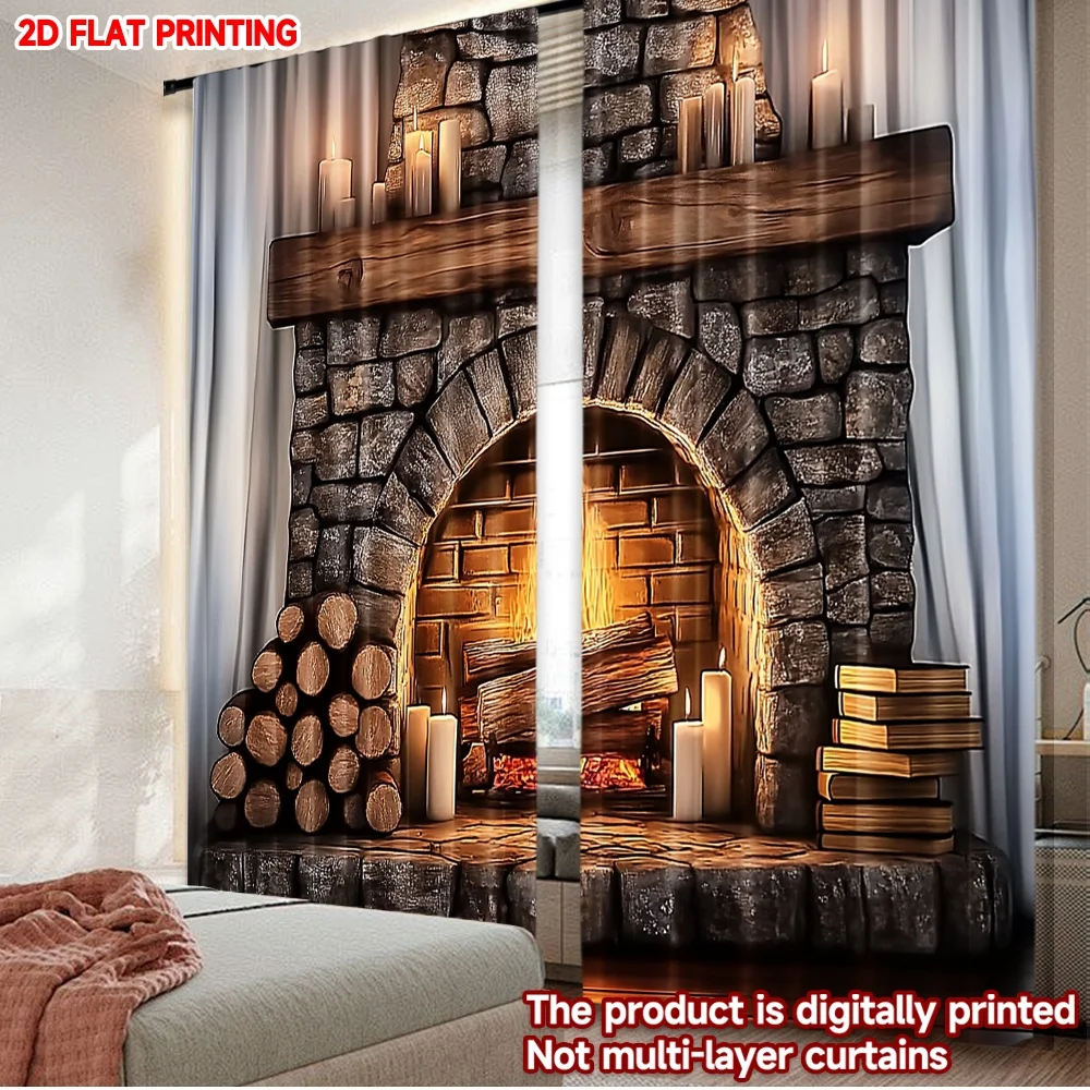 2D-Flachdruck, 2 Stück, Weihnachts-Heißvorhänge, gemütlicher Kamin mit Kerzen, digital bedruckte Polyester-Vorhänge, Frühling für Festliche