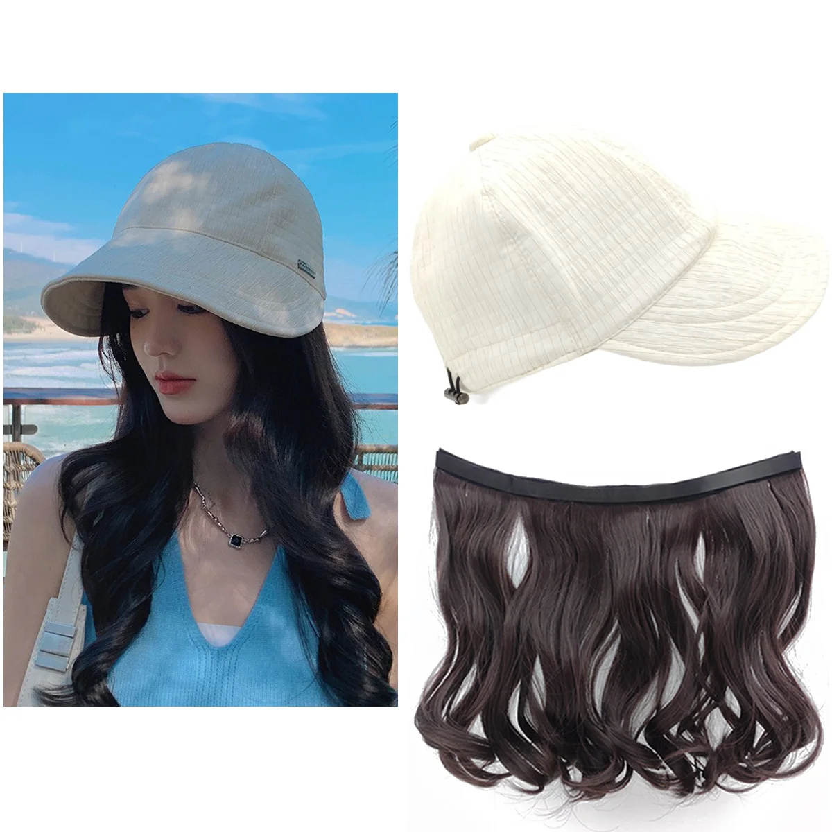 Cap with Hair Attached for Women,Large Brim Sun Hat with Hair,Detachable Long Wavy Baseball Cap Wigs for Spring and Summer