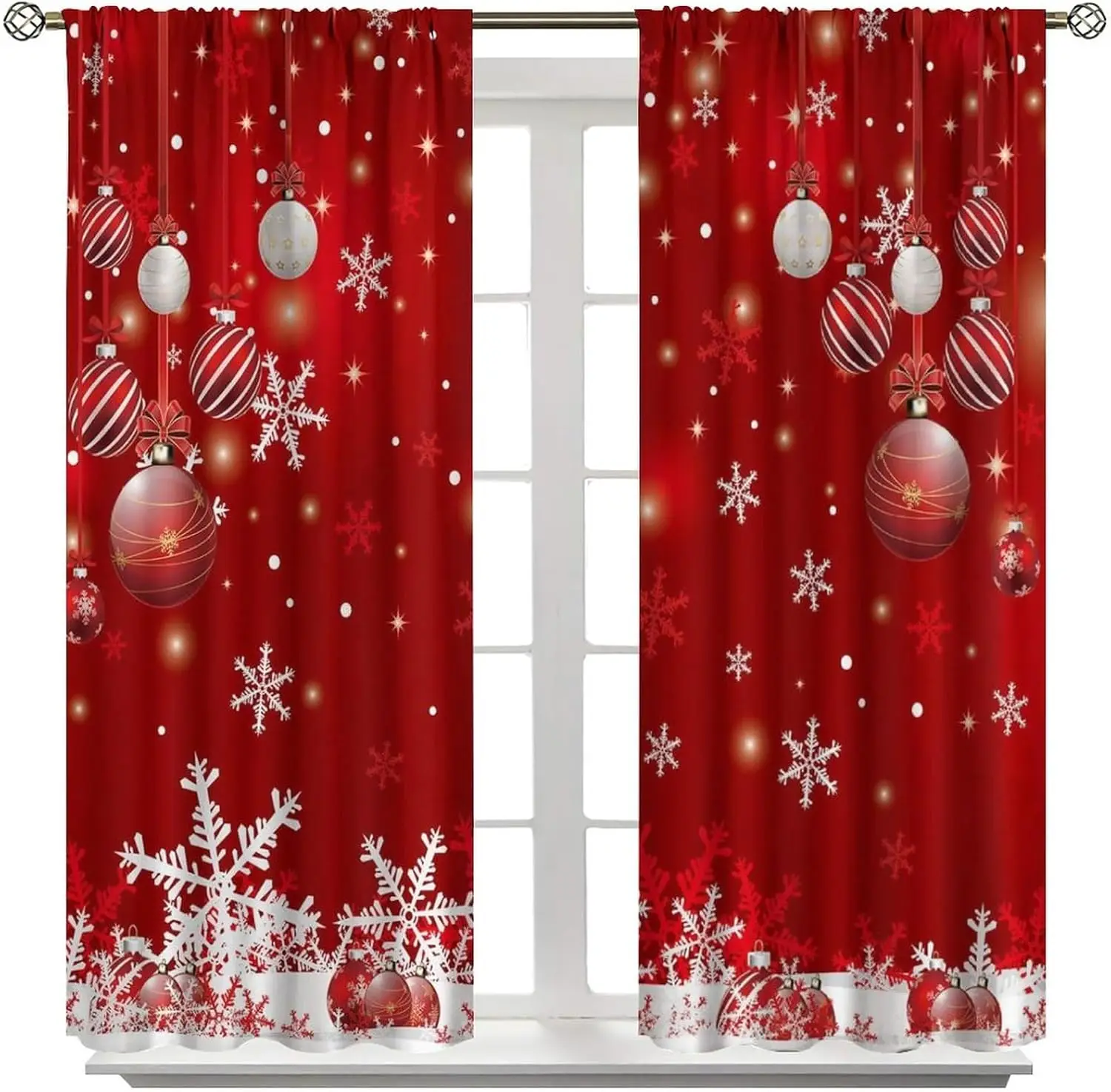 ستائر عيد الميلاد المجيد، معالجات نافذة ندفة الثلج اللامعة لعيد الميلاد المجيد لغرفة المعيشة وغرفة النوم والمطبخ وديكور حفلات العطلات، أحمر #4