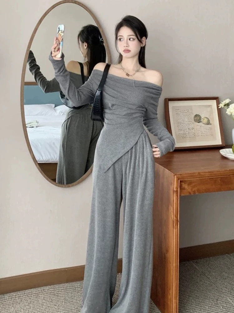 Asymmetrical T-shirts Women Korean Clothing Off Shoulder Slash Neck Long Sleeve Graceful Temperament   Leisure Simple