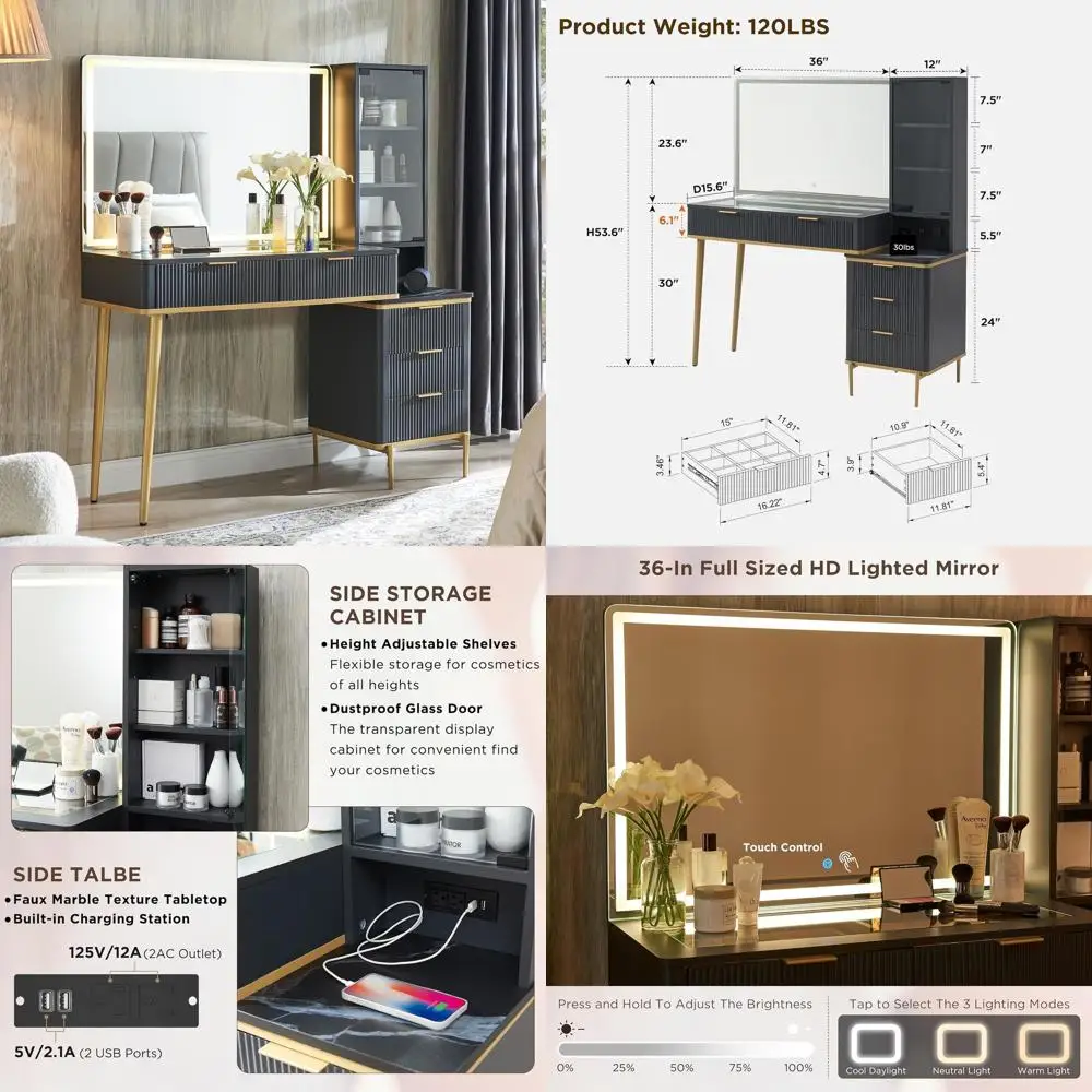 

Modern 48 Fluted Vanity Desk with 36 HD Lighted Mirror, 5-Drawer Dressing Table with Glass Top in Dark Grey for Bedroom