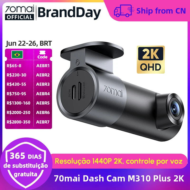 Câmera Veicular 70mai M310 Plus 2K com Controle por Voz em Inglês, Visão Noturna WDR 1440P, Vigilância de Estacionamento 24H, DVR Automotivo 70mai M310 2K Wi-Fi 6