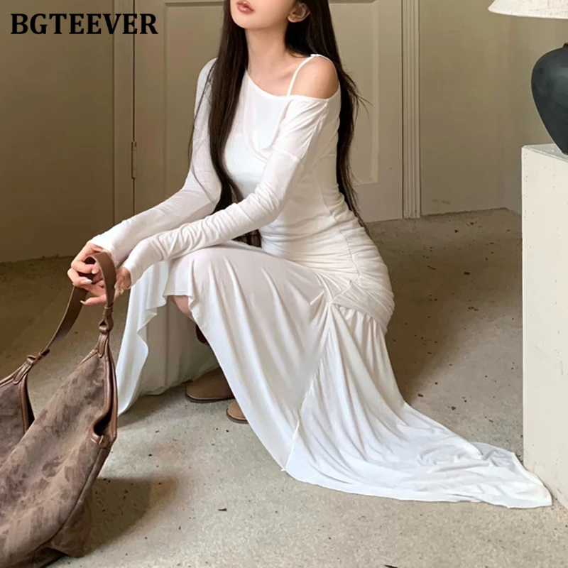 BGTEEVER Autumn Stylish Women 2 Pieces Dress Set Long Sleeve Skew Collar Irregular Dress & Sleeveless Package Hip Mini Dress