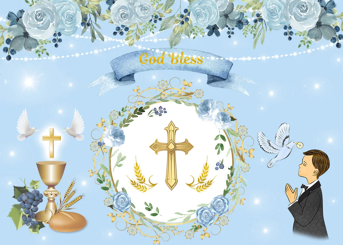 Baby Children Baptism Backdrop Party Decor Blue Flowers Cross Boy Christening Banner Photography Background Photocall Photophone