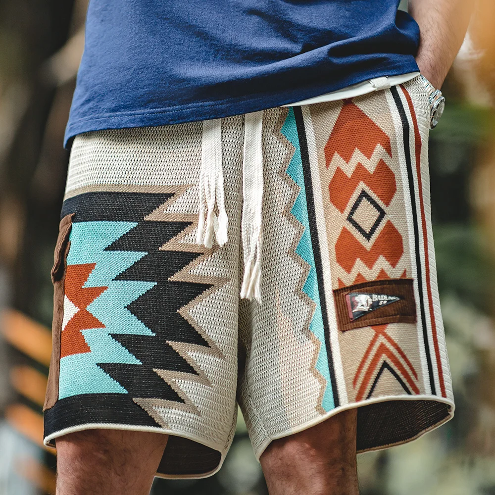 Maden Vintage Navajo Totem Men\'s Knitted Shorts - Casual Embroidered Geometric Beach Shorts with Drawstring Elastic Waist