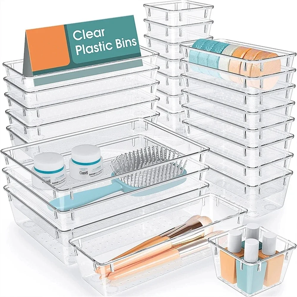4/7/10/13/18/25 pcs Versatile Drawer Organizer Set 5-Size Bathroom and Drawer Organizer Tray for Makeup ,Bedroom, Office Storage