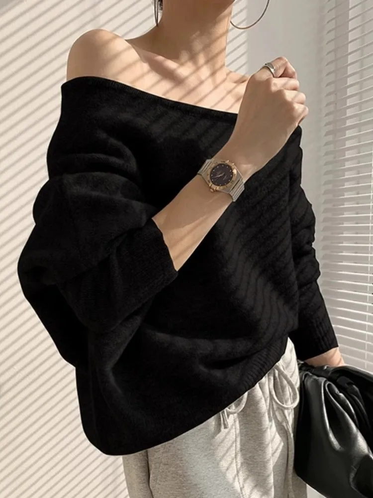 Design Sense Mohair Sweater For Women Autumn And Winter Off Shoulder Irregular Loose Lazy Style Top