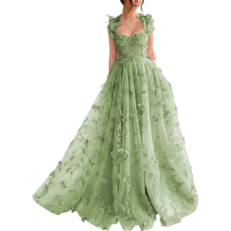 Sage Butterfly Lace Evening Dress Front Slit A-Line Floor Length Prom Dress For Women 2024 Sleeveless Straps Corset Special Robe