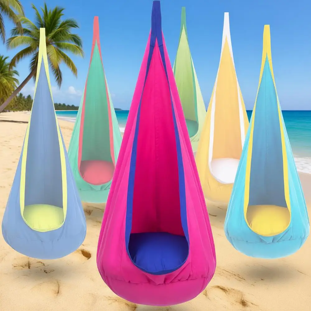 

Розово-голубой подвесной гамак-качели с подушкой, идеально подходящий для детей, для использования в помещении или на улице