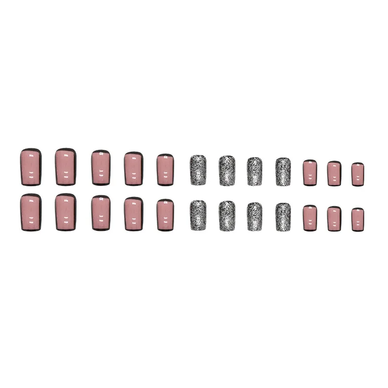 24 peças de unhas de pressão rosa glam-borda de glitter preta formato quadrado médio (multi tamanhos) unhas falsas com ferramentas de uso