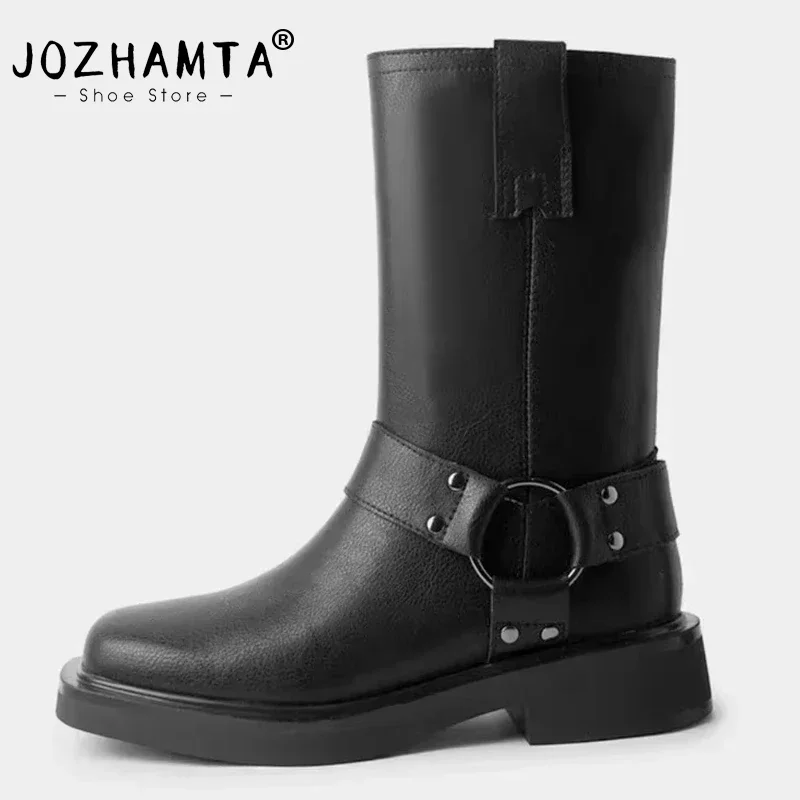 JOZHAMTA Size 34-43 Genuine Leather Women Mid Calf Boots Western Casual Belt Buckle Retro Working Shoes Woman Autumn Winter 2025