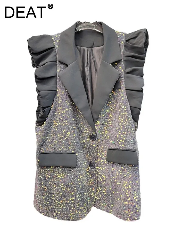 

DEAT Women's Suit Waistcoat Sequins Patchwork Ruffles Edge Flying Sleeves Notched Collar Vest 2024 Autumn New Fashion 29L8141