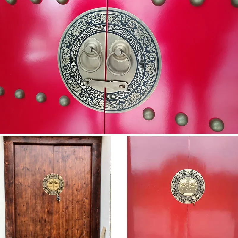 Antique Chinese Pure Copper Door Handle Retro Round Pull Ring Old Fashioned Door Bolt Lock Latch Hardware Accessories