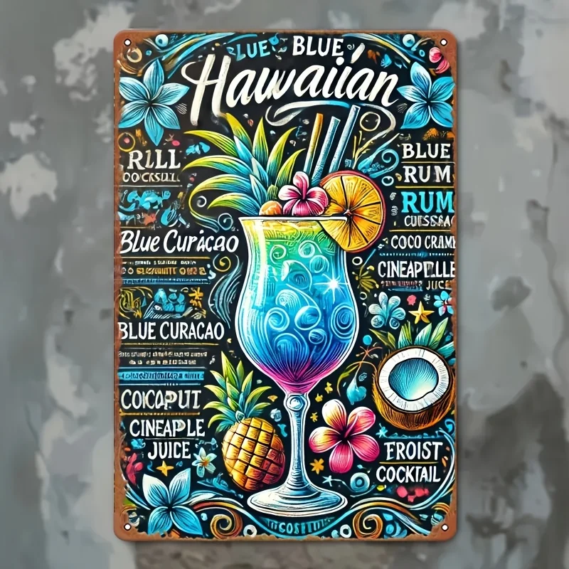 Vintage Blue Hawaiian Cocktail Recipe Metal Tin Sign,  - Colorful Tropical Drink Poster with Plant and Animal Illustrations, Per