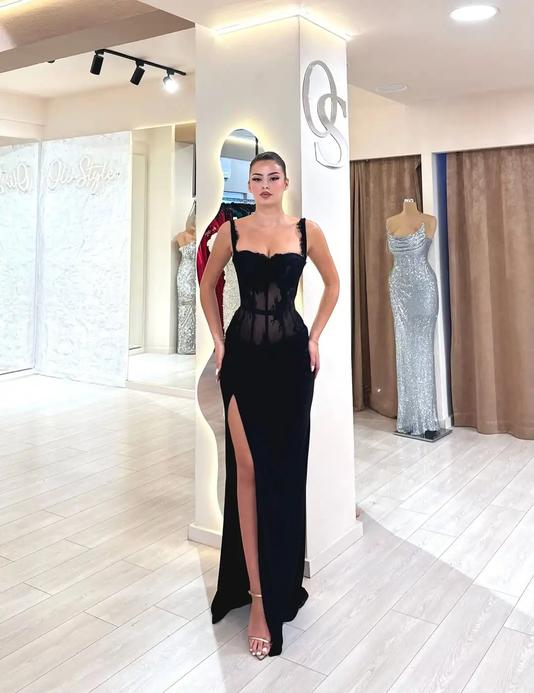 Ofherown-vestidos de fiesta con corsé de encaje negro, elegantes, con tirantes finos, abertura larga, vestidos de noche transparentes para fiesta, personalizados