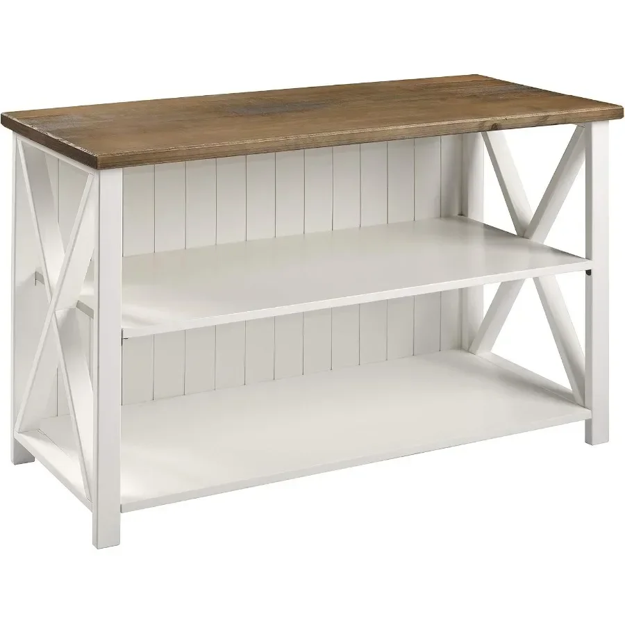 Home office bookcase: white wood 2-tier modern farmhouse bookshelf for storage, 52-inch tall with rustic charm and sturdy const